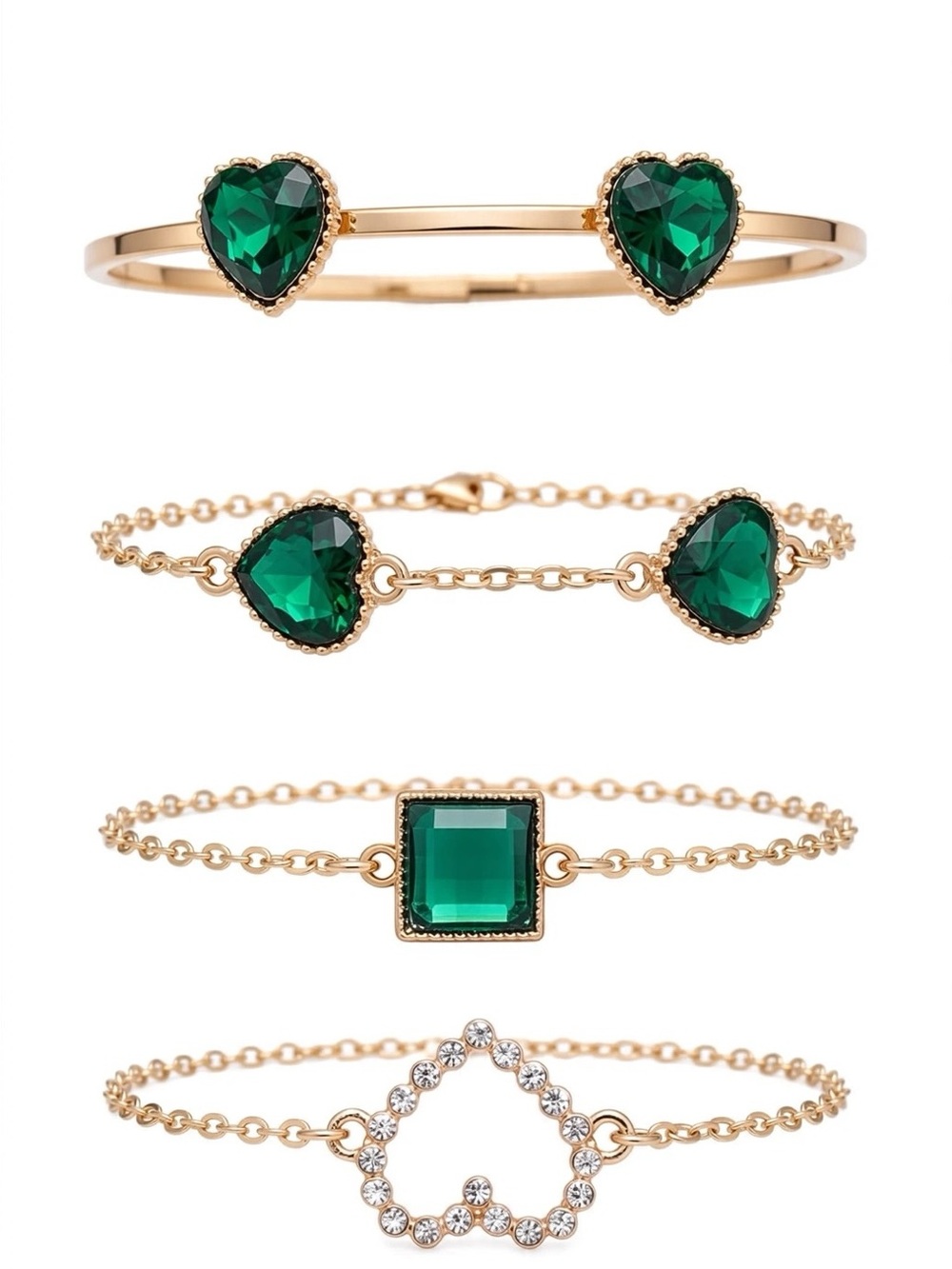 Gold-Tone Watch and Jewelry Set with Emerald Green Crystals - Picture 2 of 6